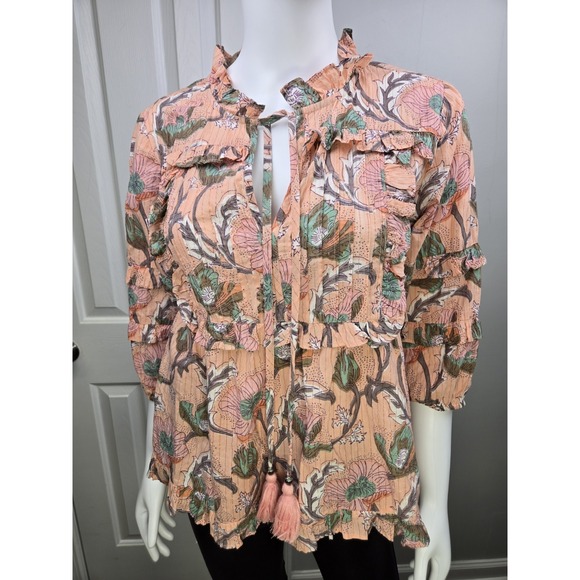 ivy jane Tops - Ivy Jane Shimmer Ruffle V Neck‎ Blouse Top Peach Floral XS Tassel Accent